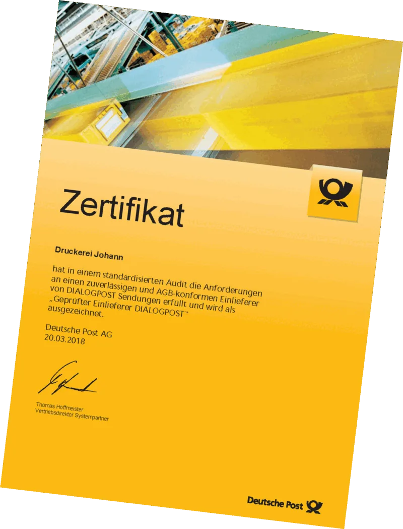 Zertifikat der Deutschen Post AG vom 20.03.2018: Druckerei Johann ist geprüfter Einlieferer DIALOGPOST
